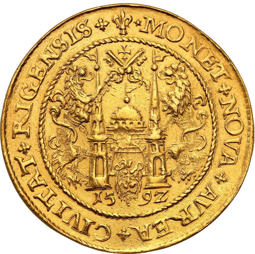Zygmunt III Waza. Portugał 10 dukatów 1592, Ryga - UNIKAT